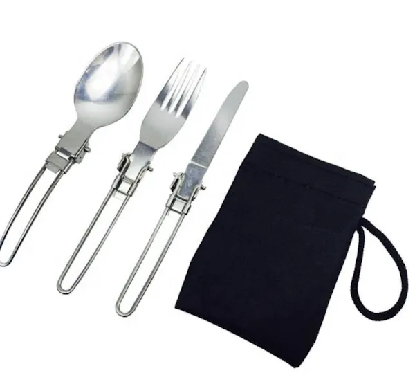 QUICKSURVIVE Stainless Steel Folding 3-in-1 Camp Utensil Set with Travel Pouch