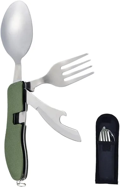 QUICKSURVIVE 4-in-1 Camping Utensil Stainless Steel Fork, Knife, Spoon, Bottle Opener with Storage Case